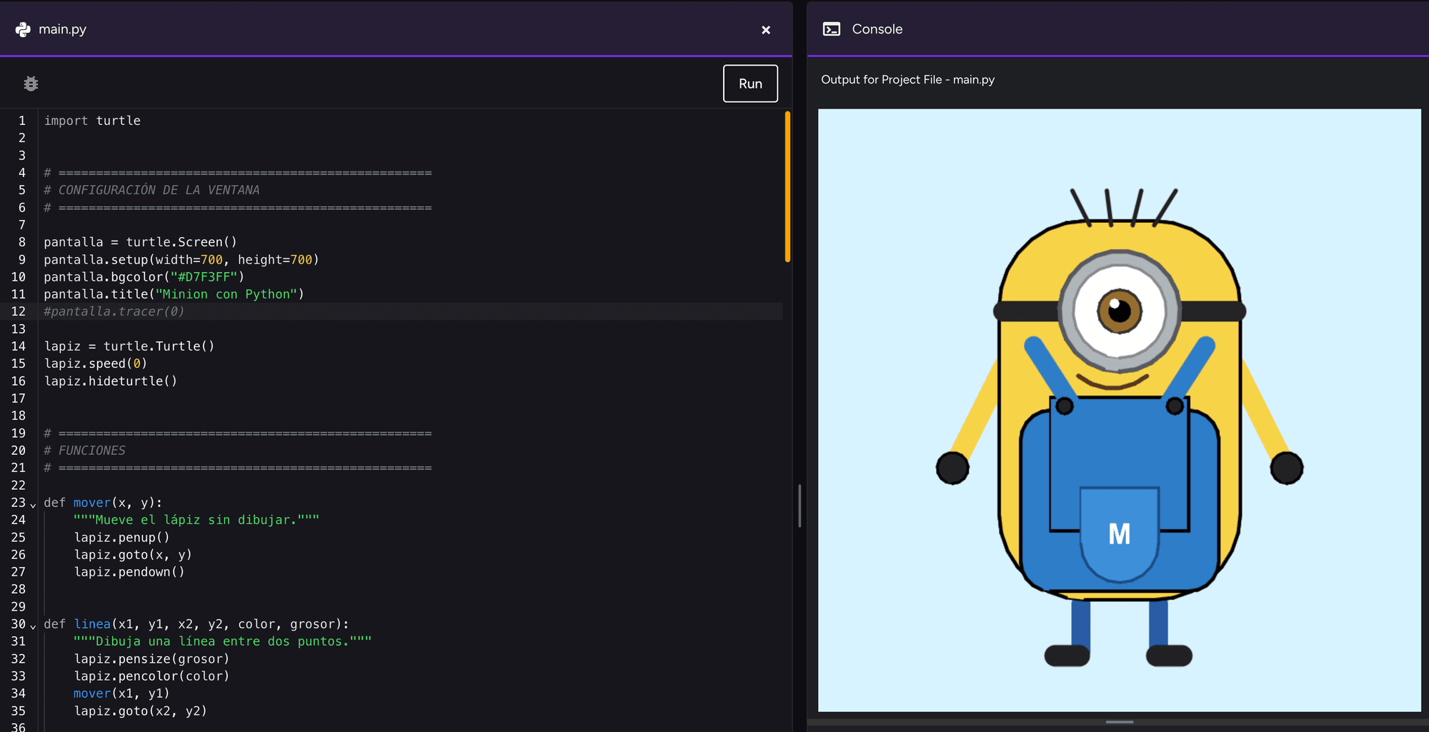 Un Minion dibujado con código Python usando la librería Turtle — resultado real de la actividad