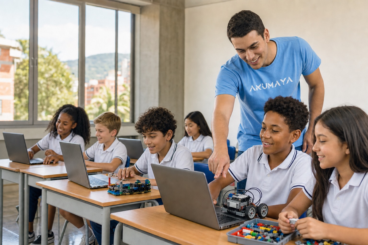 Estudiantes de colegio con uniforme trabajando en laptops y robótica junto a un joven facilitador de AKUMAYA